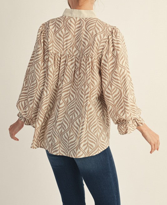 Standing Collared Neck Boho Leaf Print Top - Brazos Avenue Market 