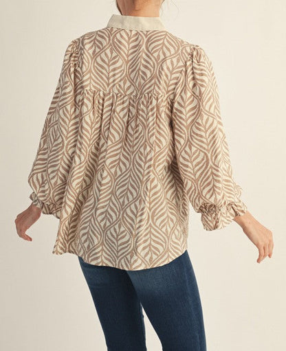 Standing Collared Neck Boho Leaf Print Top - Brazos Avenue Market 