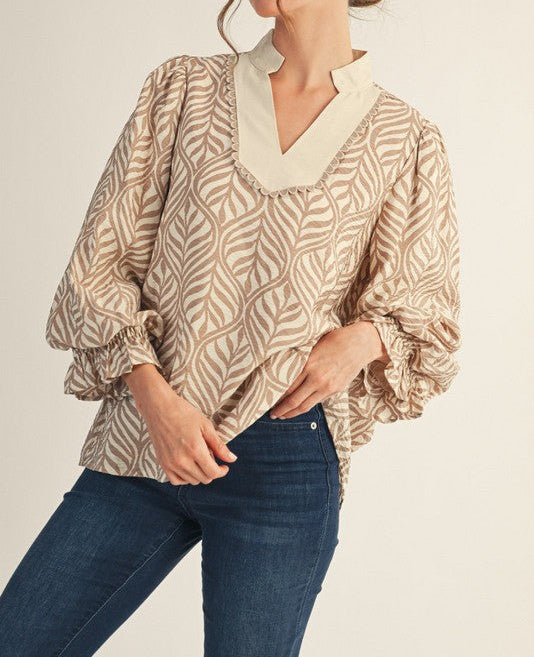 Standing Collared Neck Boho Leaf Print Top - Brazos Avenue Market 