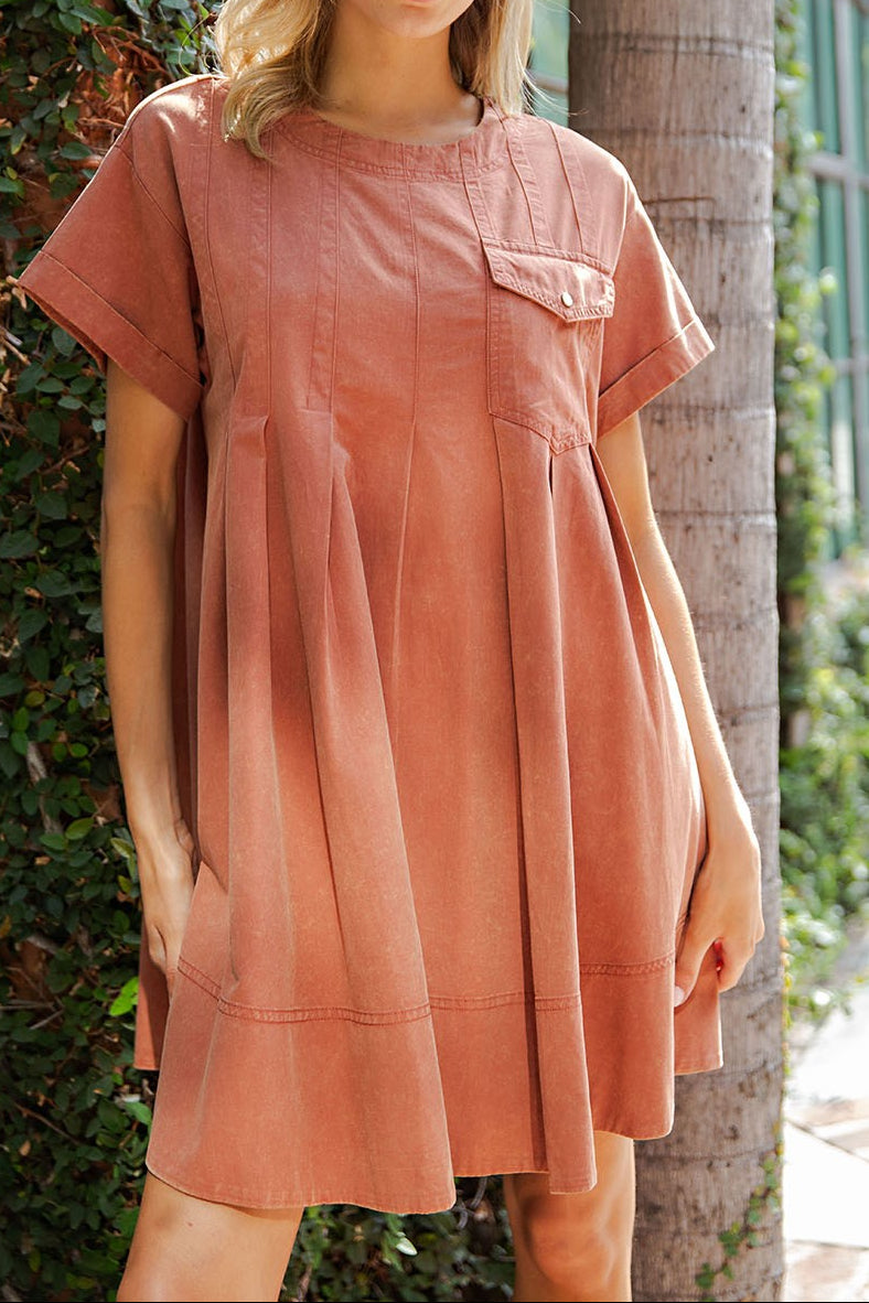 Snow Washed Pleated Side Pocket Mini Dress - Brazos Avenue Market 