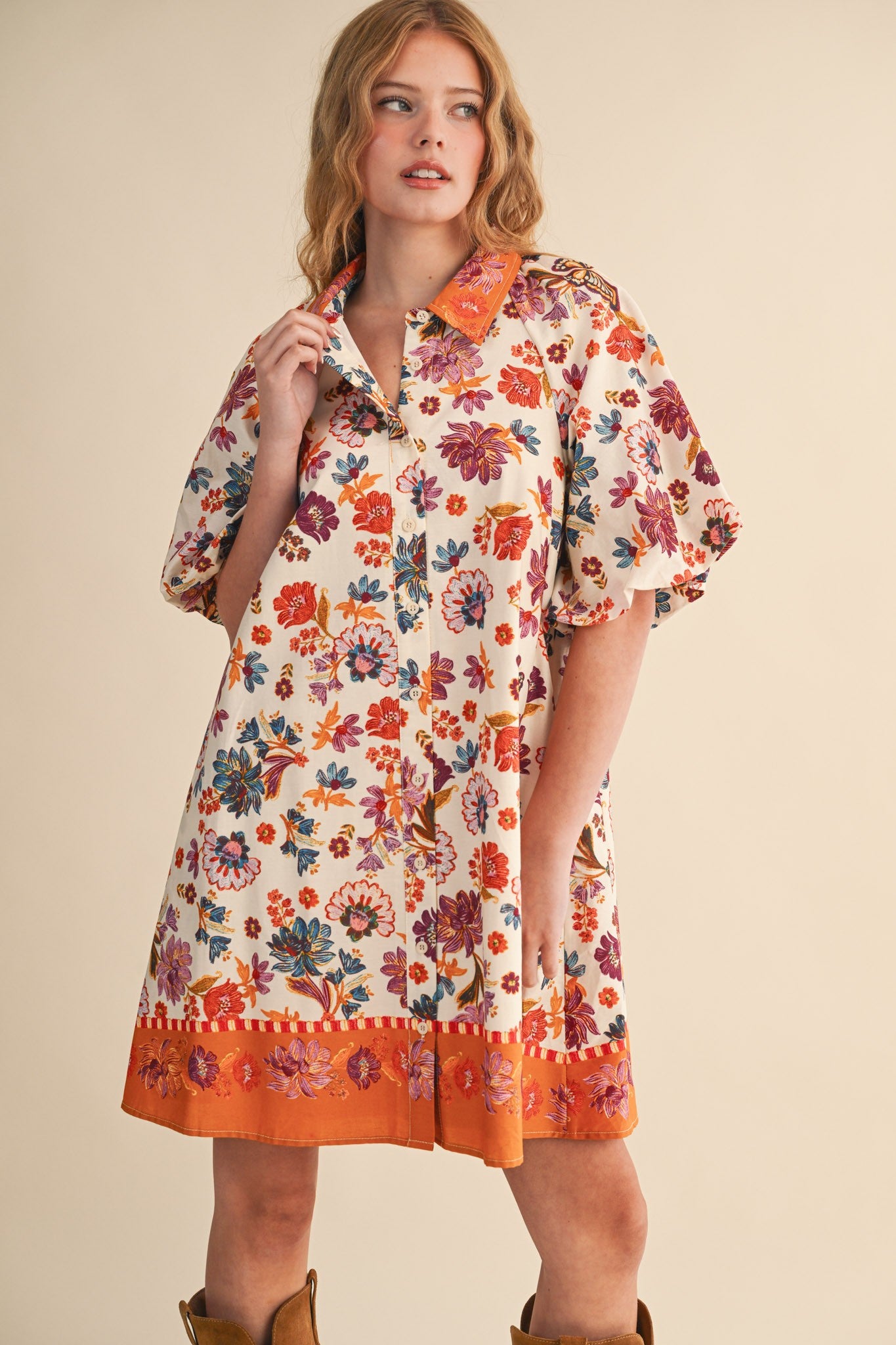 Collared Button Down Floral Mini Dress - Brazos Avenue Market 