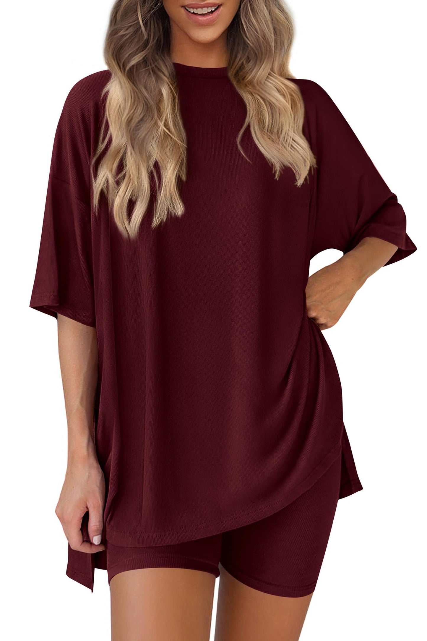 Oversized Short Sleeves Drop Shoulder Shorts Set - Brazos Avenue Market 