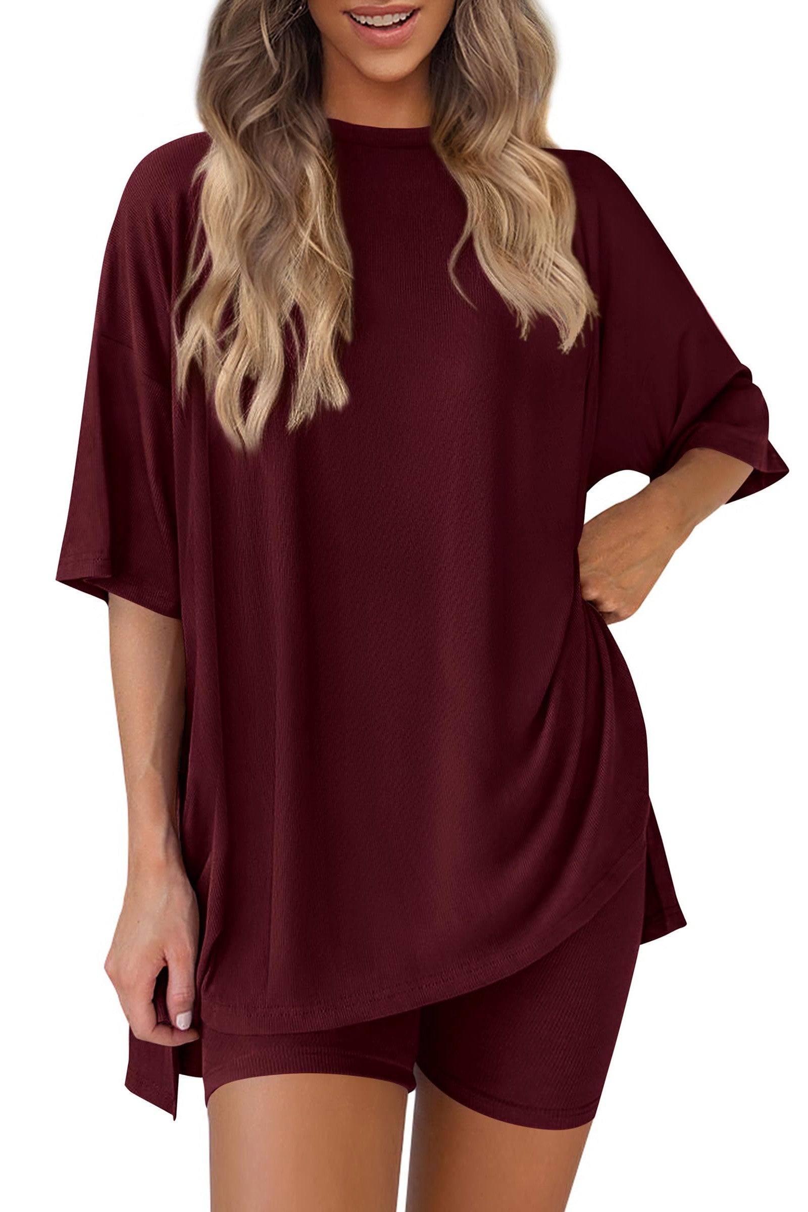 Oversized Short Sleeves Drop Shoulder Shorts Set - Brazos Avenue Market 