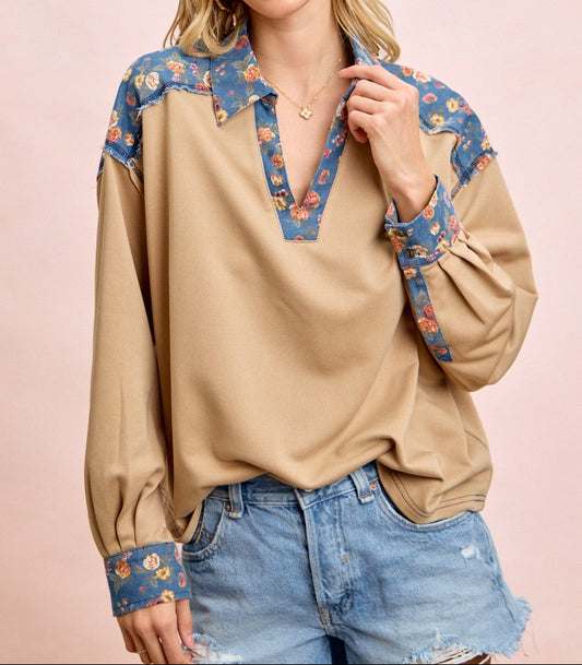 Floral Denim Terry Mix And Match Top