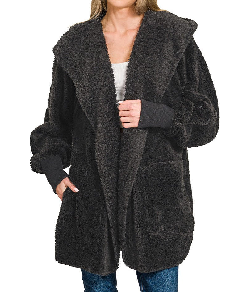 Hooded Faux Fur Jacket With Pockets