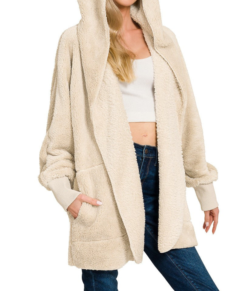 Hooded Faux Fur Jacket With Pockets - Brazos Avenue Market 