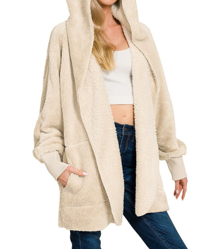 Hooded Faux Fur Jacket With Pockets - Brazos Avenue Market 