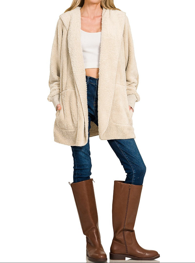 Hooded Faux Fur Jacket With Pockets - Brazos Avenue Market 
