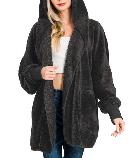 Hooded Faux Fur Jacket With Pockets