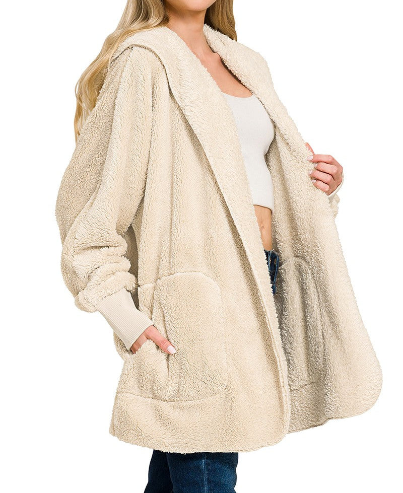 Hooded Faux Fur Jacket With Pockets - Brazos Avenue Market 