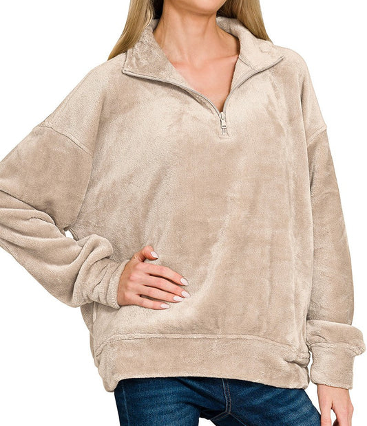 Faux Fur Half Zip Pocket Pullover