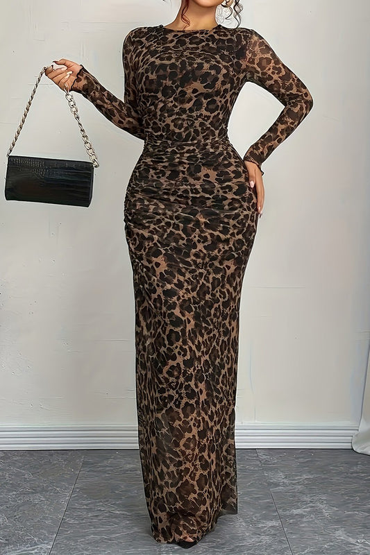 Leopard Print Slim-fit Sheer Bodycon Dress