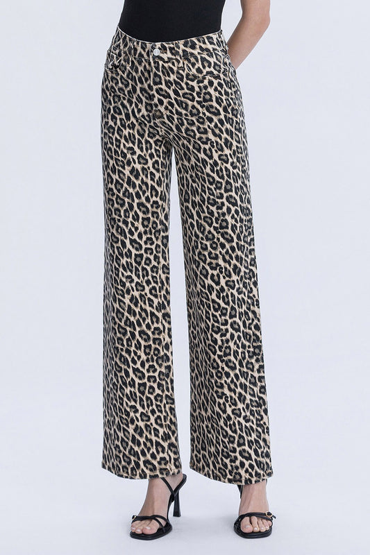 Lovervet Super High Rise Leopard Print Wide Leg Jeans