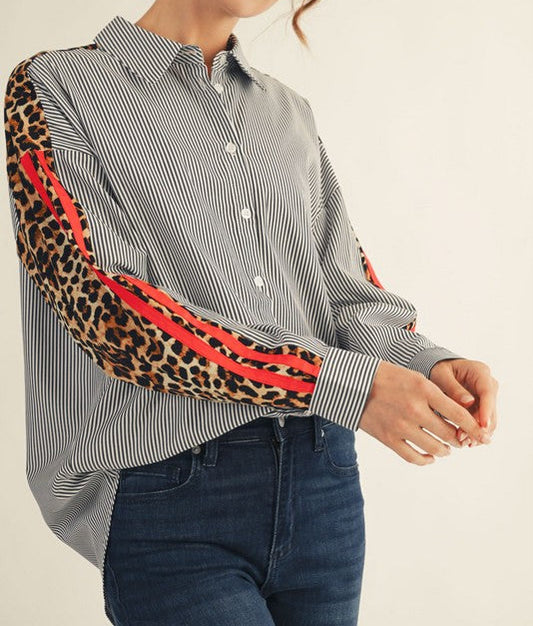 Leopard Contrast Button Down Pinstripe Shirt - Brazos Avenue Market 