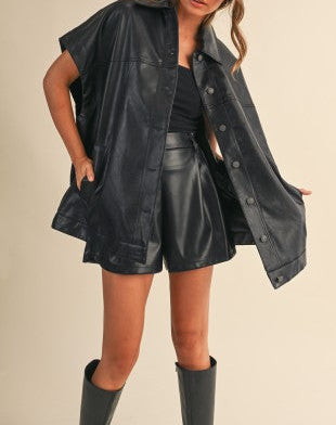 Oversized Faux Leather Jacket Vest With Pockets