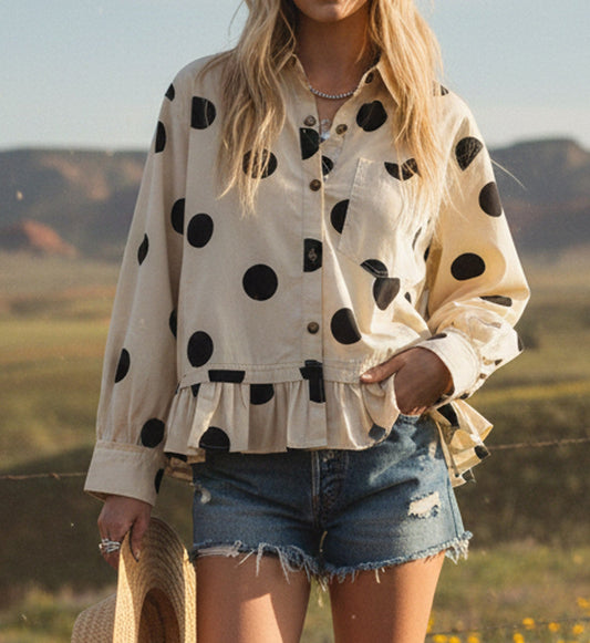 Polka Dot Ruffle Hem Long Sleeve Shirt
