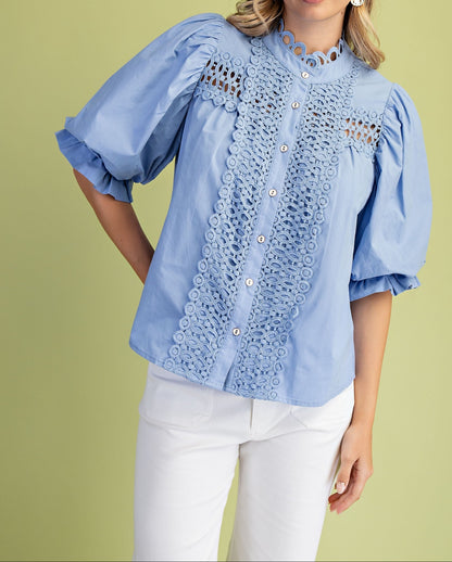 Trim Detail Button Down Blouse - Brazos Avenue Market 