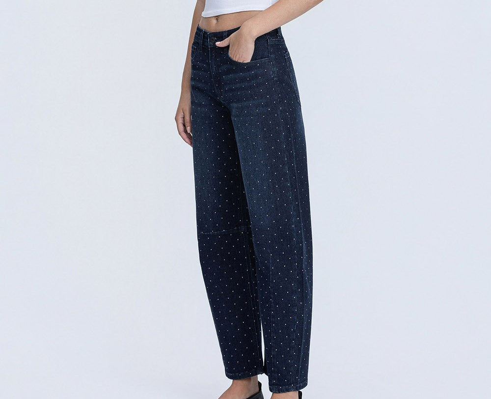 High Rise Black Diamond Rhinestone Barrel Jeans - Brazos Avenue Market 