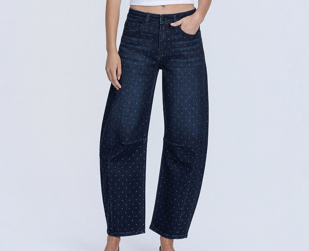 High Rise Black Diamond Rhinestone Barrel Jeans