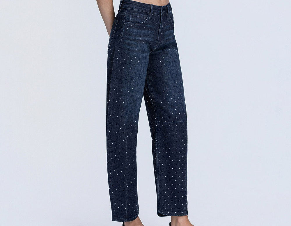 High Rise Black Diamond Rhinestone Barrel Jeans