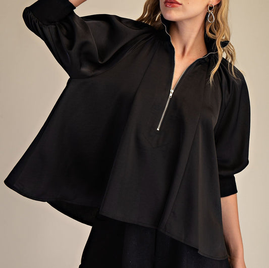 Mock Neck Band Puff Sleeve Blouse - Brazos Avenue Market 