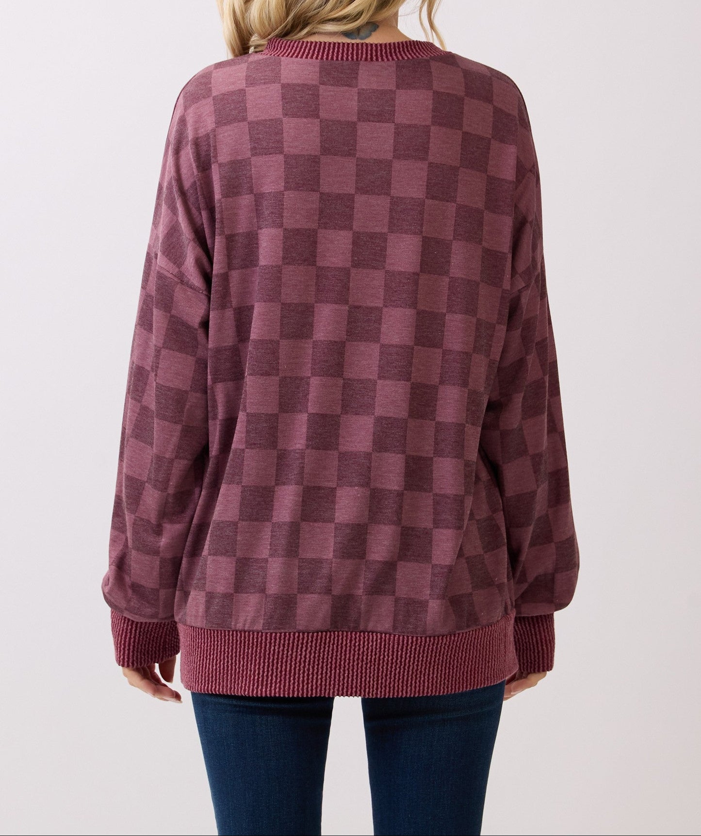 Checkered Print Drop Shoulder Pullover Top