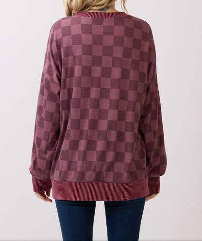 Checkered Print Drop Shoulder Pullover Top