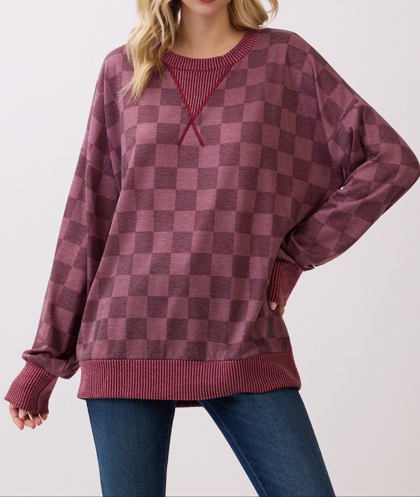 Checkered Print Drop Shoulder Pullover Top