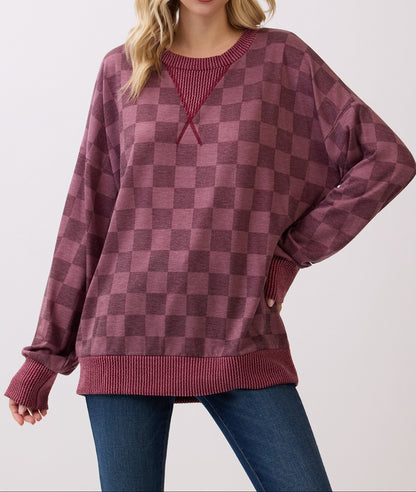 Checkered Print Drop Shoulder Pullover Top