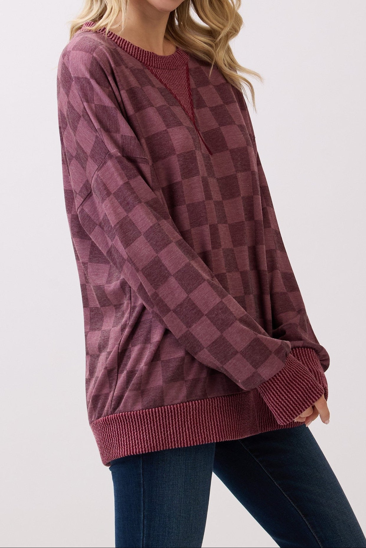 Checkered Print Drop Shoulder Pullover Top