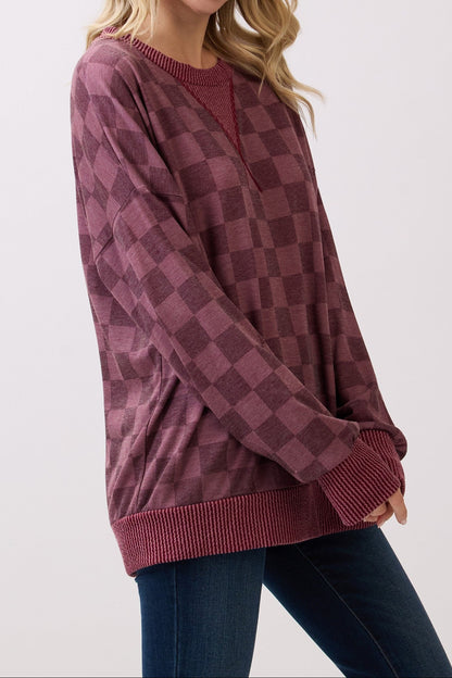 Checkered Print Drop Shoulder Pullover Top