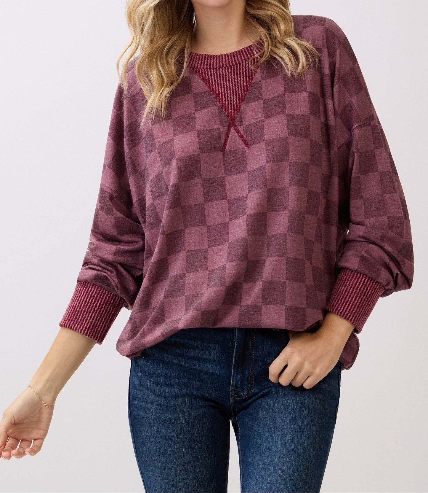Checkered Print Drop Shoulder Pullover Top