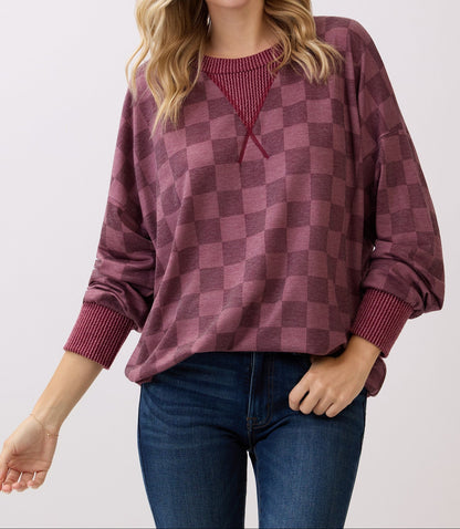 Checkered Print Drop Shoulder Pullover Top