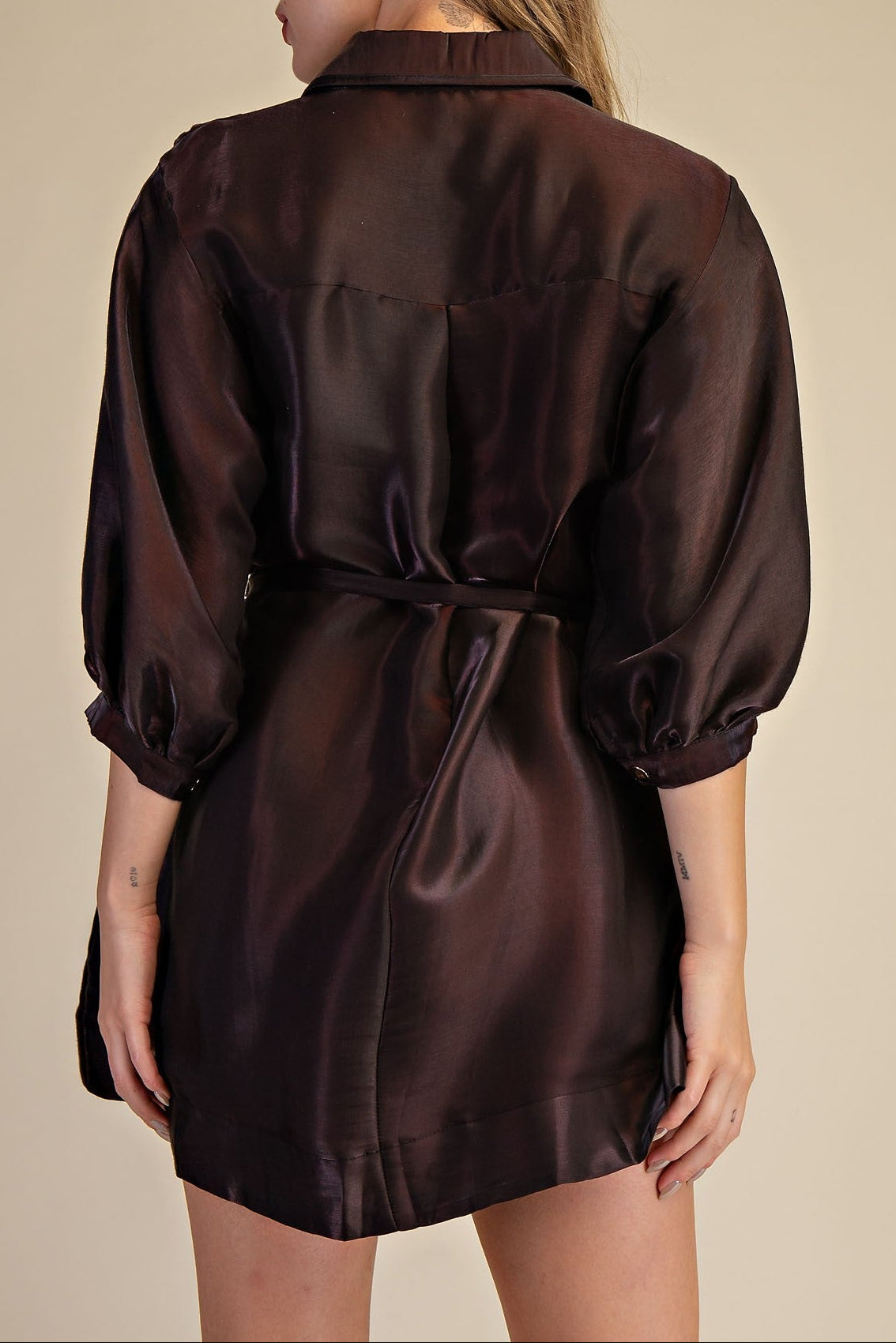 Puff Sleeve Waist Tie Shirt Mini Dress - Brazos Avenue Market 