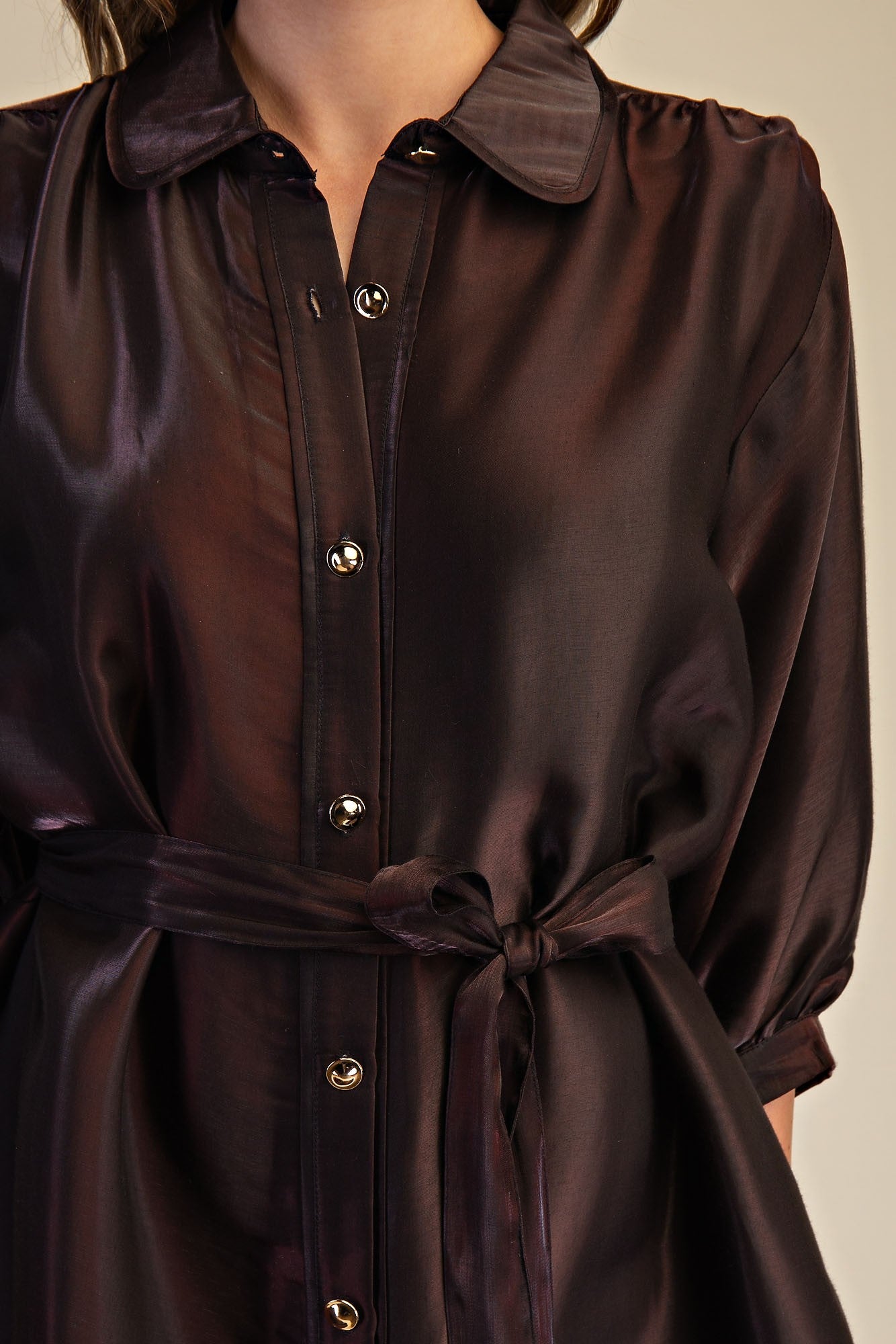 Puff Sleeve Waist Tie Shirt Mini Dress - Brazos Avenue Market 