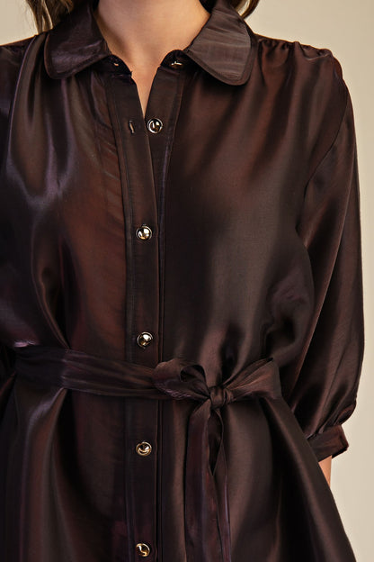 Puff Sleeve Waist Tie Shirt Mini Dress - Brazos Avenue Market 