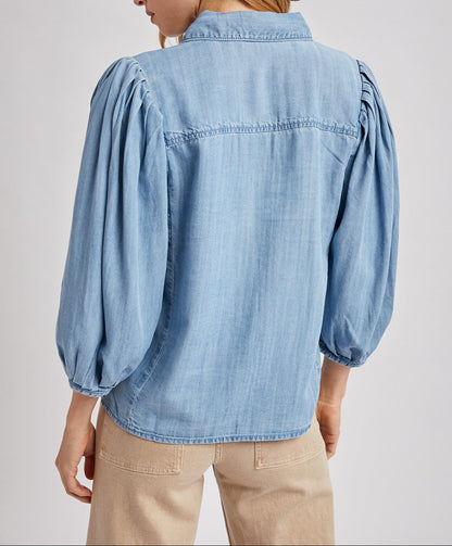 Denim Button Down Puff Sleeved Shirt