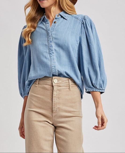 Denim Button Down Puff Sleeved Shirt