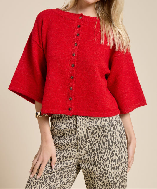 Button Front Short Sleeve Knit Cardigan - Brazos Avenue Market 