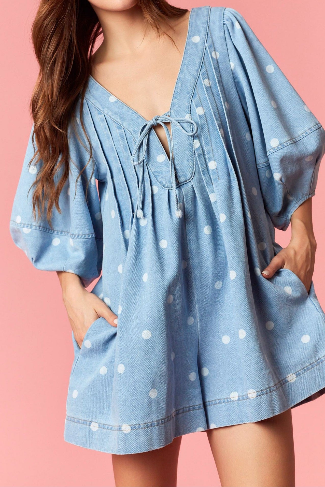 Pleated V-neck Dot Mini With Front Tie - Brazos Avenue Market 