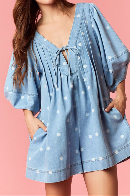 Pleated V-neck Dot Mini With Front Tie - Brazos Avenue Market 