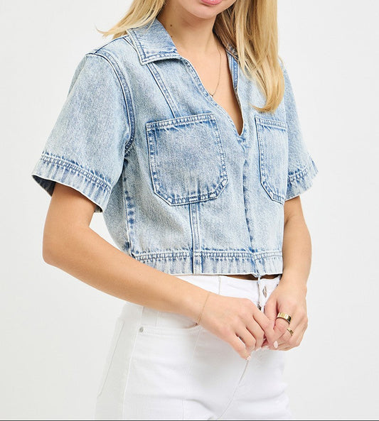Risen Short Sleeve Denim Shirt - Brazos Avenue Market 