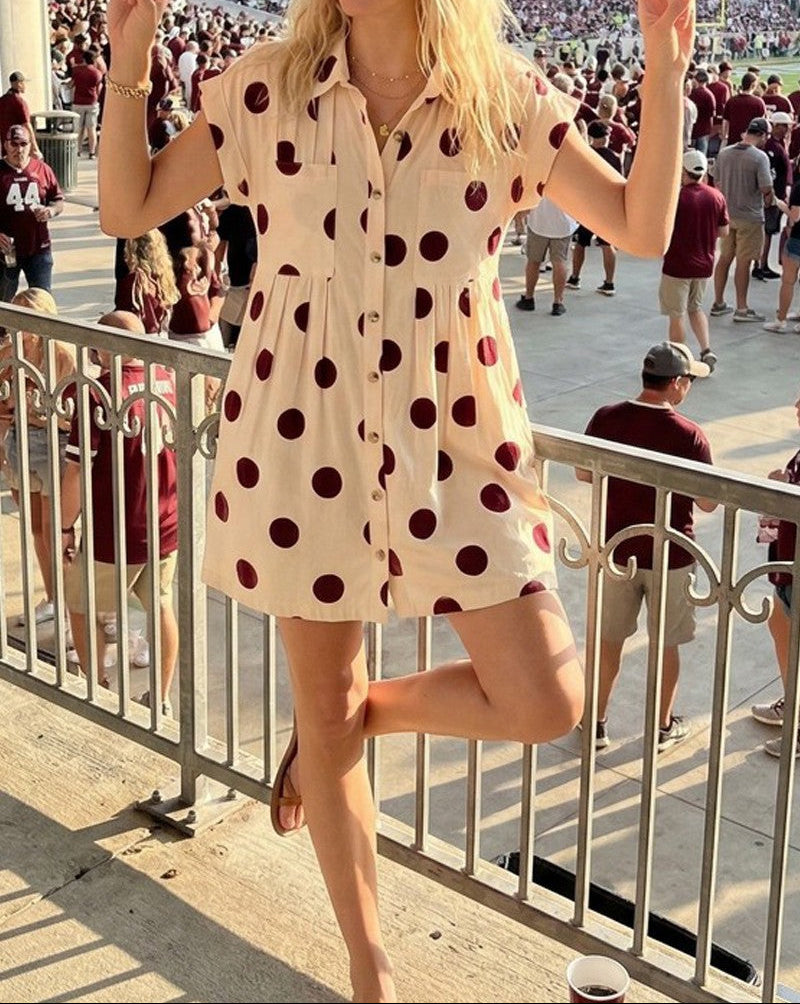 Polka Dot Button Down Pleated Poplin Mini Dress