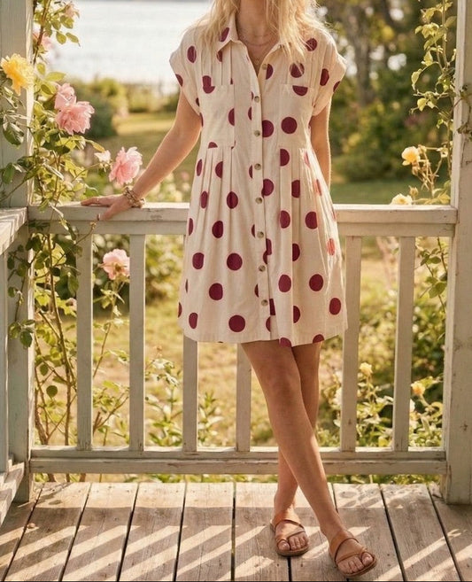 Polka Dot Button Down Pleated Poplin Mini Dress
