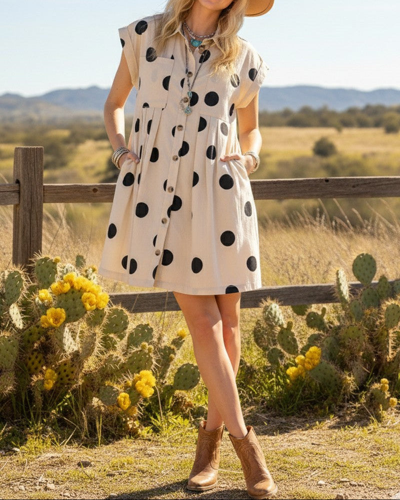 Polka Dot Button Down Pleated Poplin Mini Dress