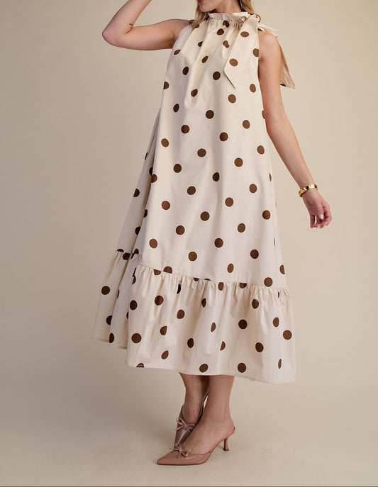 Ruffle Neck Tie Sleeveless Midi Dress