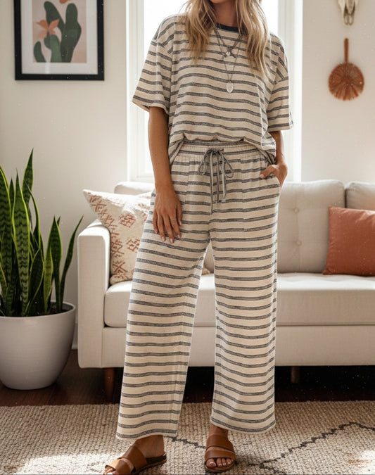 Striped Relaxed Fit Knit Top And Wide Leg Pant Set - Brazos Avenue Market 