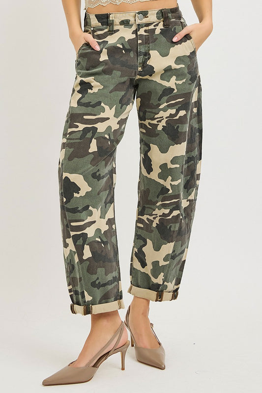 Risen High Rise Ankle Barrel Double Roll Up Pants - Camo - Brazos Avenue Market 