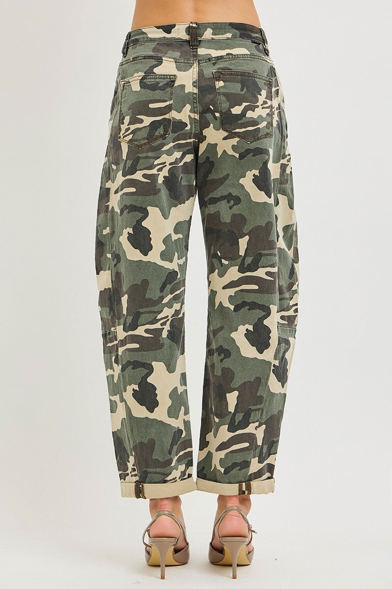 Risen High Rise Ankle Barrel Double Roll Up Pants - Camo - Brazos Avenue Market 