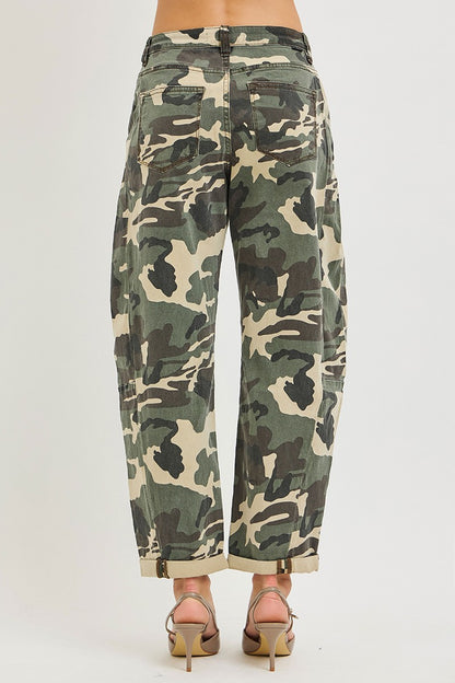 Risen High Rise Ankle Barrel Double Roll Up Pants - Camo - Brazos Avenue Market 